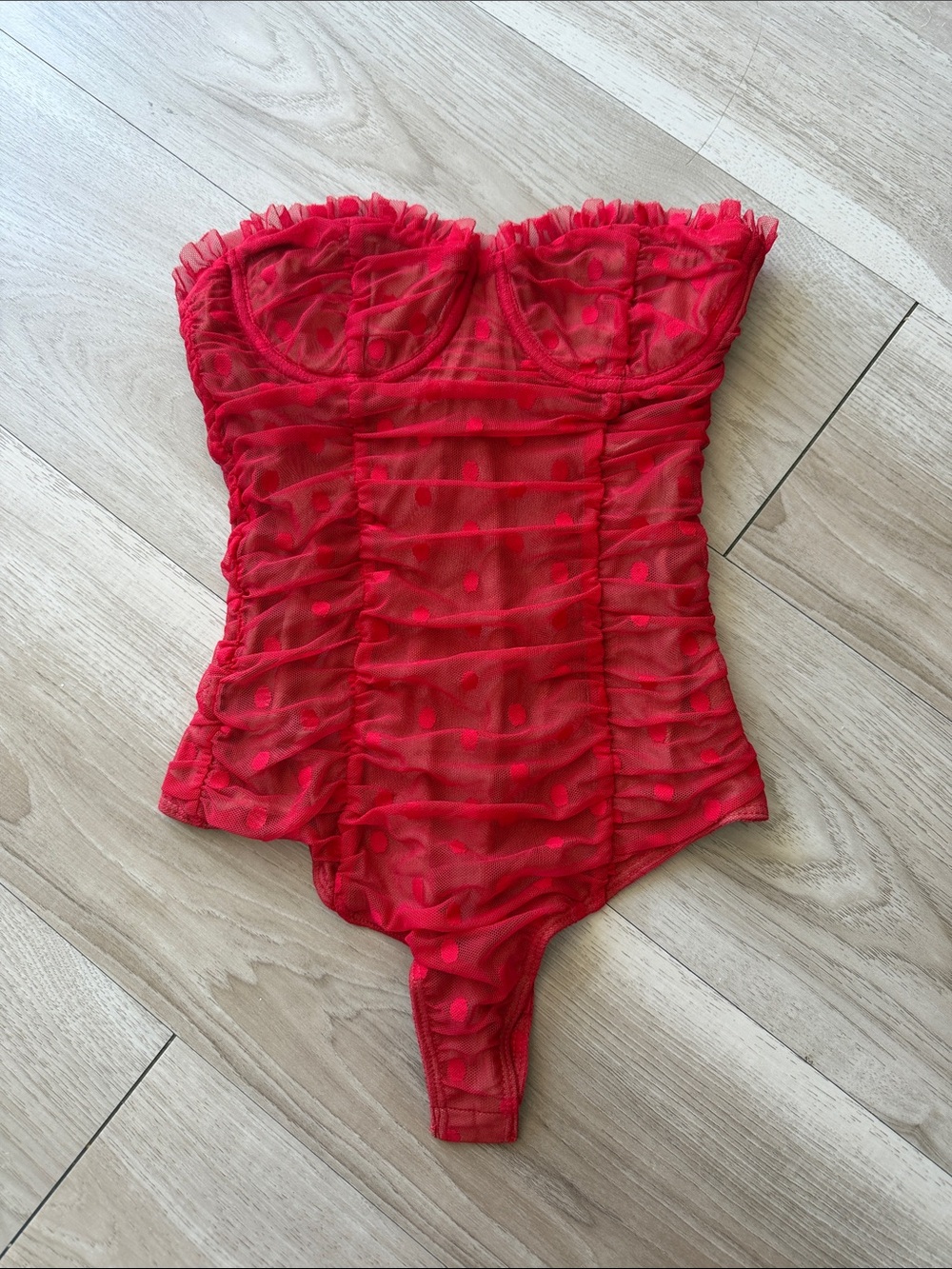 Wyn Bodysuit in Red
MAJORELLE Sheer Red Polka Dot Ruched Bustier Bodysuit